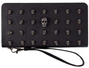 Black Skull Stud Wristlet Wallet Gothic Punk Faux Leather Clutch New